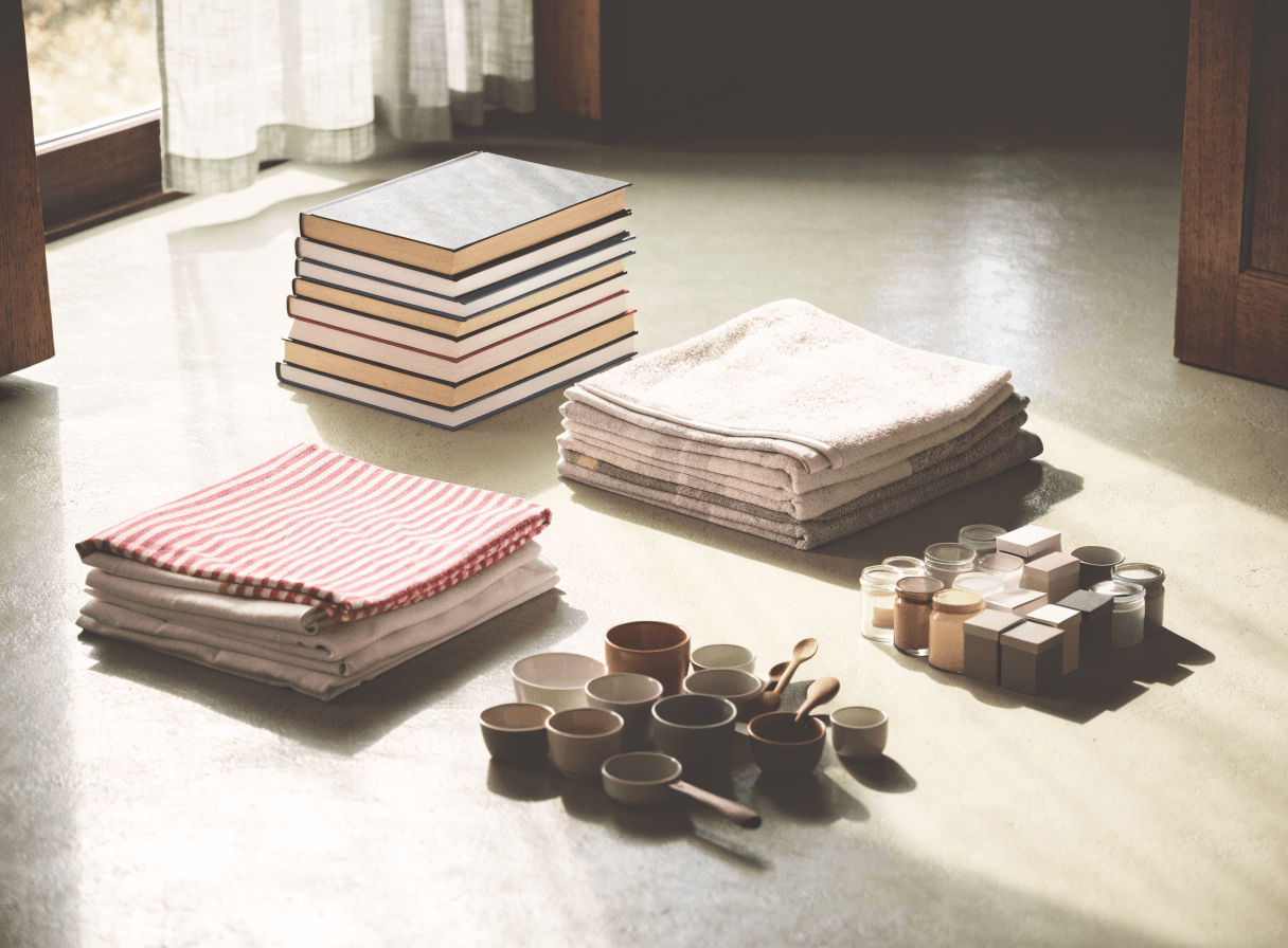 Objets triés et rangés par piles